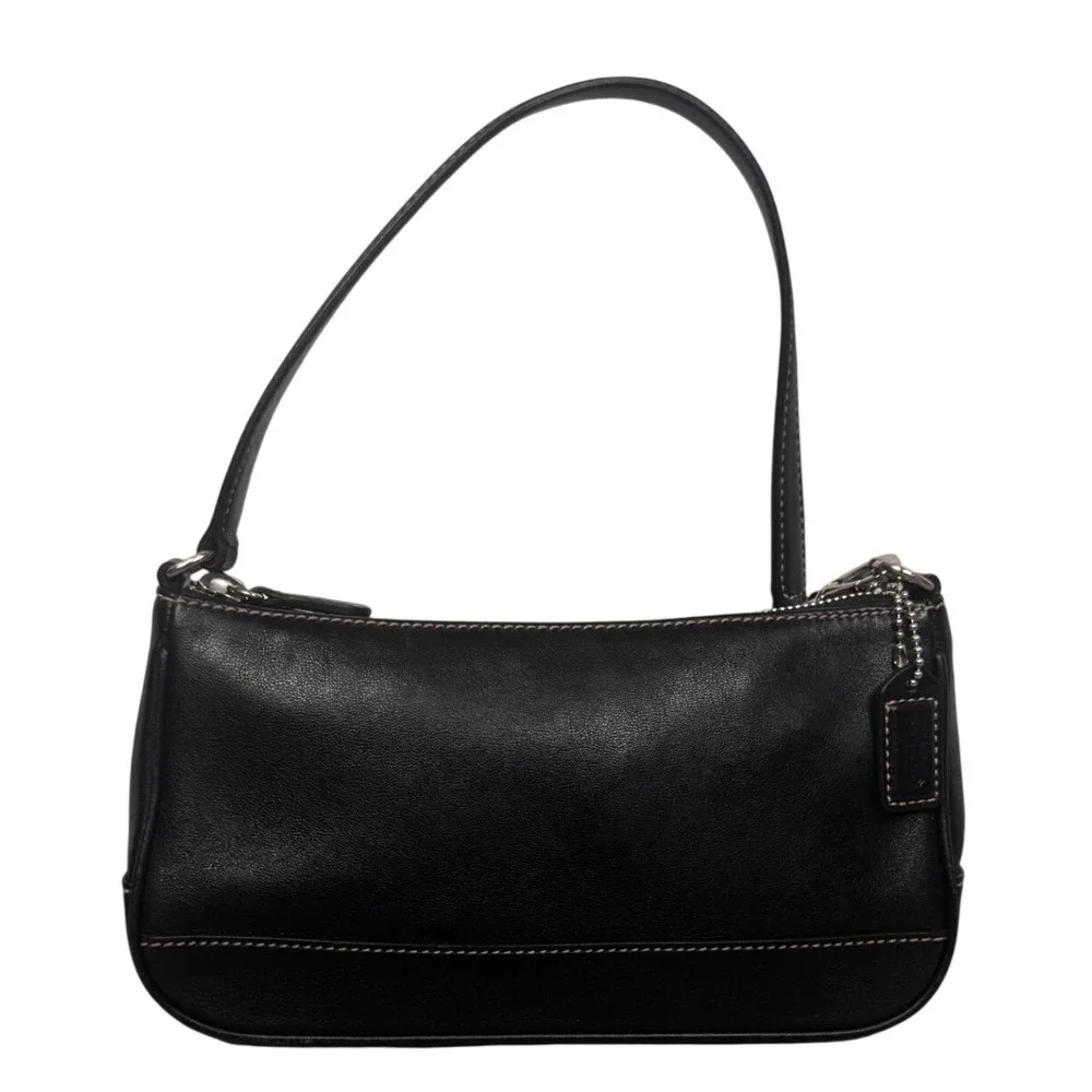 Coach Vintage Black Leather Baguette Shoulder Bag 7785 Contrast Stitch Small